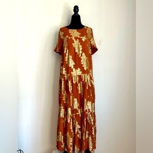 Anthropologie brown and gold tunic maxi with sleeves